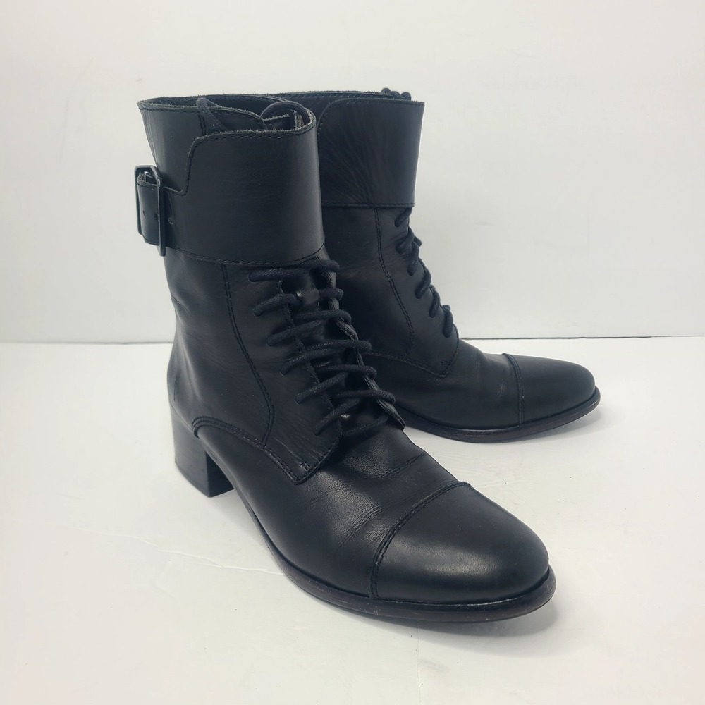 Pour La Victoire 8.5 Black Leather Combat Boots Ankle Buckle Moto Biker Y2K Edgy